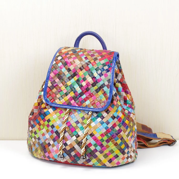 2014 New 100% Natural Genuine Leather Bag Womens Fashion Woven Patchwork Backpack Multi colored ...