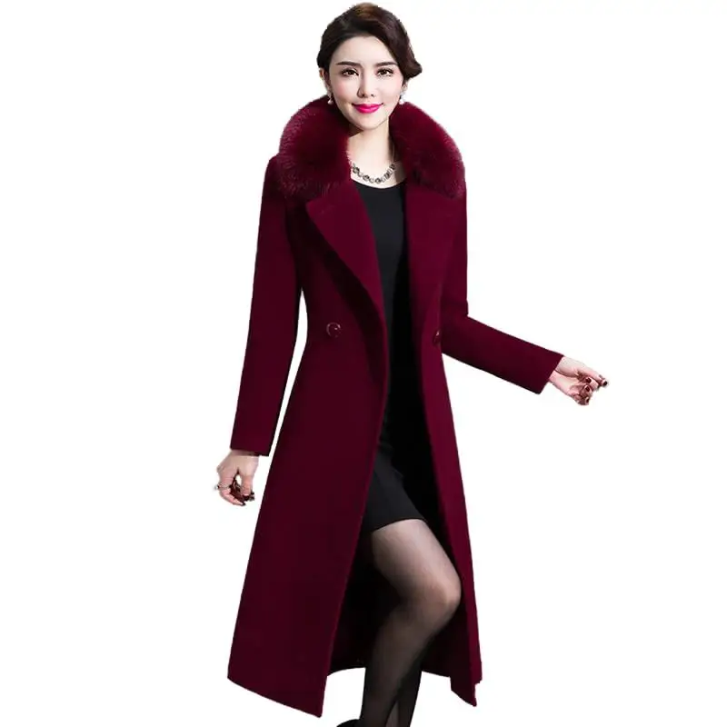 

Women Autumn Winter Faux Fox Fur Collar Woolen Coats Female Warm Trench Coats Ladies Solid Large Size Wool Blends Overcoats V510