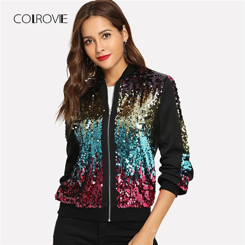 COLROVIE Casual Zip Up Basic Sequin Jacket Women 2018 Autumn Highstreet Bomber Jacket Coat Women Feminino Coats Outwear Clothes