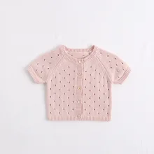 Летний свитер-кардиган Новинка года, детская Милая Открытая верхняя куртка однотонного цвета с короткими рукавами, Вязаное детское пальто