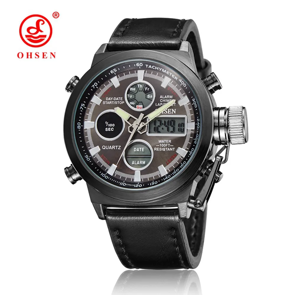 Оригинальные кварцевые спортивные мужские часы OHSEN от известного бренда, мужские часы с нейлоновым ремешком, модные повседневные наручные часы для мужчин, подарок - Цвет: Gray Black Leather