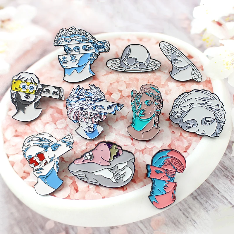 

Cartoon characters Art Style of Abstract Space Brooches Pins Distortion dislocation Gypsum sculpture badge Enamel Jewelry Gift