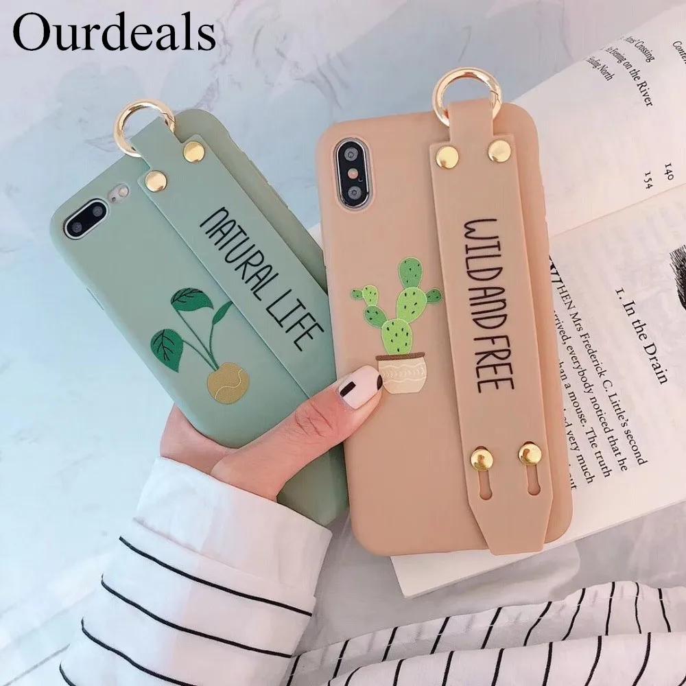 

Ourdeals Stylish Cute Cactus Letters Phone Case For iphone XS MAX XR X 8 7 6 6s plus Cases Soft Shell Bracket Wrist Strap Cover