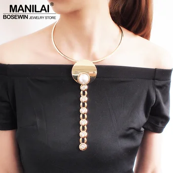 

MANILAI Imitation Pearl Torques Choker Necklaces For Women Punk Alloy Rhinestone Statement Pendant Necklace Jewelry