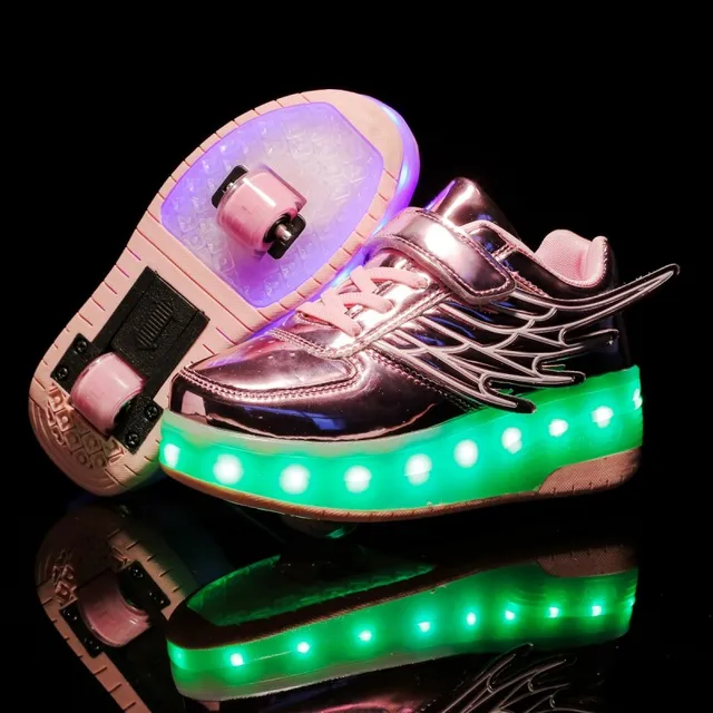 US $13.11 New Pink Gold USB Charging Fashion Girls Boys LED Light Roller Skate Shoes For Children Kids Sneake