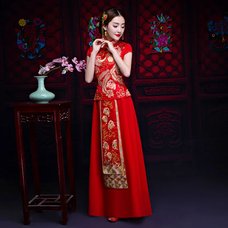 Высокое качество 2018 Для женщин феникс вышивка Cheongsam красный Qipao длинные Традиционный китайский свадебное платье Oriental Стиль платья