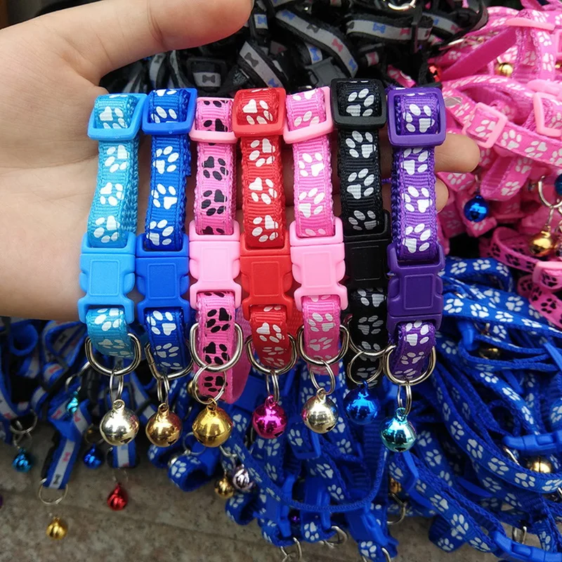 

Pet Dog Cat Collars Polyester Paw Print with Bell Kitten Neck Collar for Small Dogs 1 Pcs