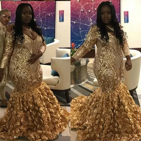 Vestidos de Baile Ouro Preto Meninas Tamanho Grande 2020 v Pescoço Lantejoulas Apliques Mangas Compridas Rosa Floral Saia Vestidos Ocasião Especial