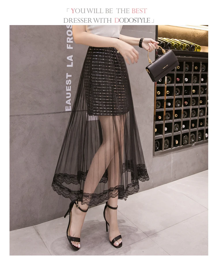 Корейская Сексуальная Праздничная стильная женская одежда, уличная одежда с высокой талией, украшенная блестками, черная сетчатая плиссированная Тюлевая кружевная юбка миди - Цвет: Серебристый