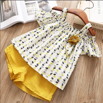 

Summer Girl Blouse Shorts Baby Corsage Leaf Camisole Off-Shoulder Tops + Shorts Two Piece Set Baby Girl Clothes 3-7 Years