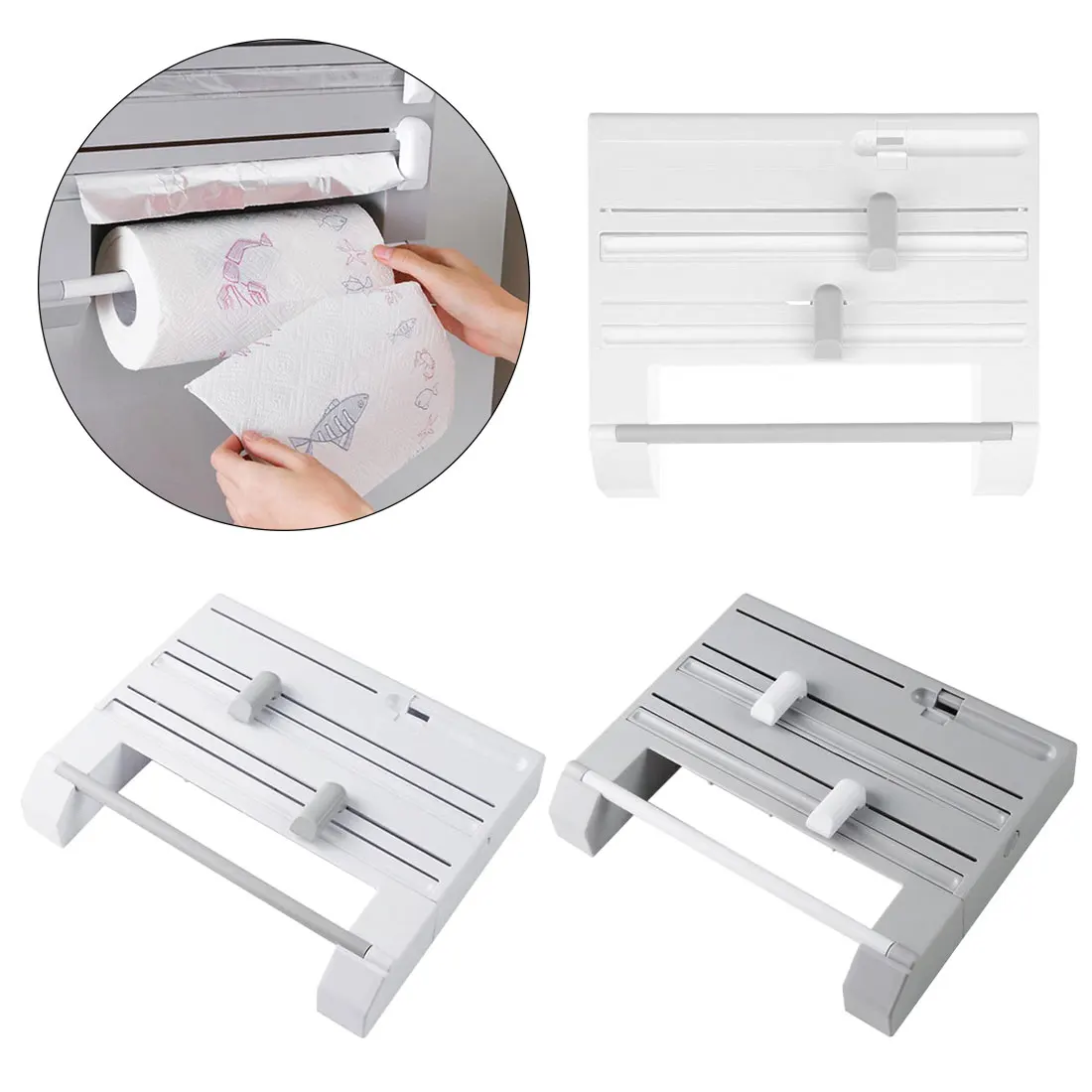 

Multi-functional 6 in 1 Aluminum Film Paper Towel Holder Wrap Cutter Spice Jar Holder Kitchen Storage Shelf Rack Accessories