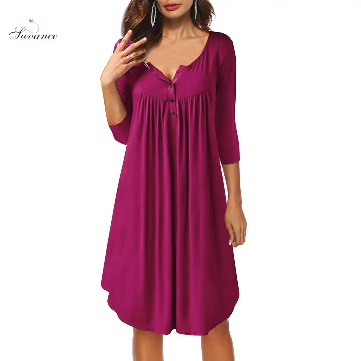 

Suvance Autumn Casual 3 Solid Color V Neck Loose Women Mid Dress