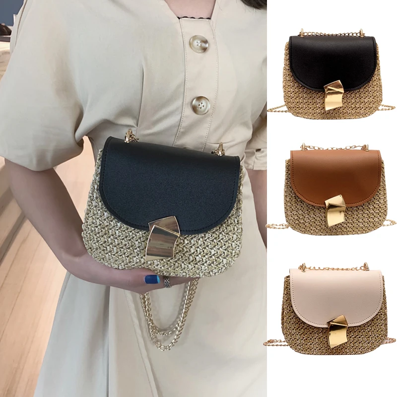

Straw Shoulder Bag Small Flap Crossbody sac for Women woven bag female retro beach Bolsos Rattan bag chain wicker Bolsa Feminina