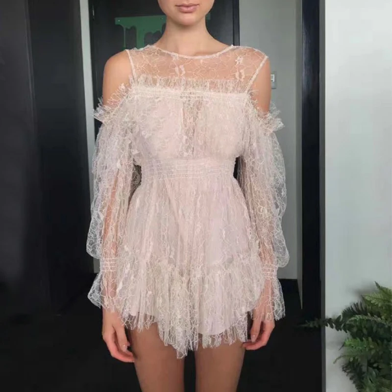 

High Quality 2018 Summer White Off The Shoulder Lace Mini Romper Playsuit