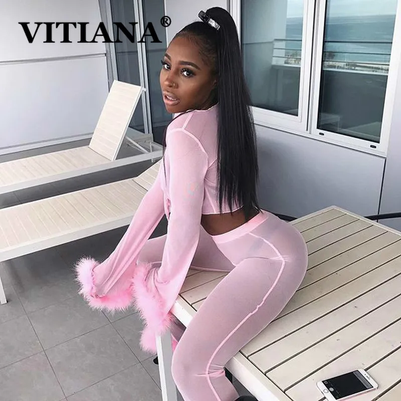 

VITIANA Women Sexy Clubwear Two Pieces Sets 2019 Female Mesh Long Sleeve Feather Pink Black Party Set womens 2 piece outfits