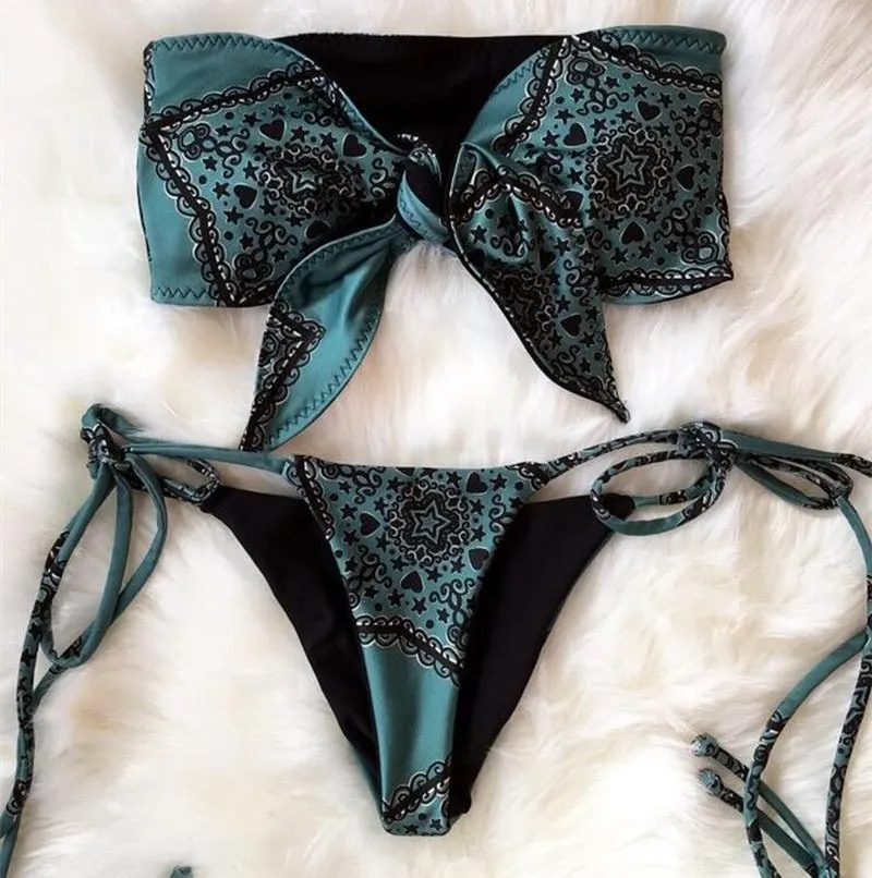 

Vintage Print Bow Lace Up Bandage Strap Slim Sexy Women Beach Bikini Tankini Monokini Biquini Swimsuit Swimwear Bathing Suit
