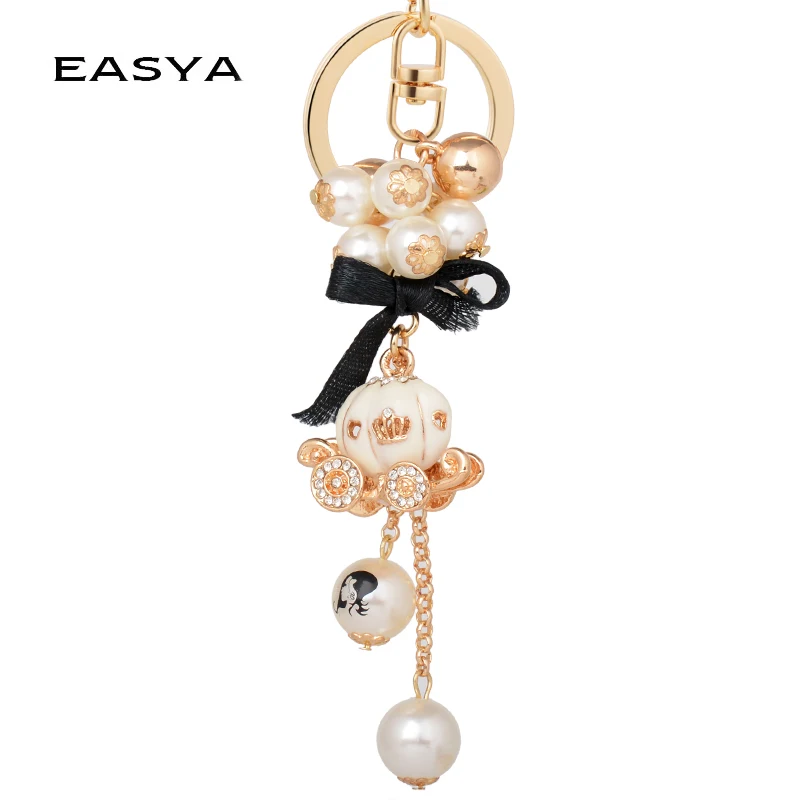 

EASYA New Arrival Simulated Pearl Women Car Keychain Pumpkin Carriage Key Ring Holder Girls Bags Charm Gift for Friends CHY-3812