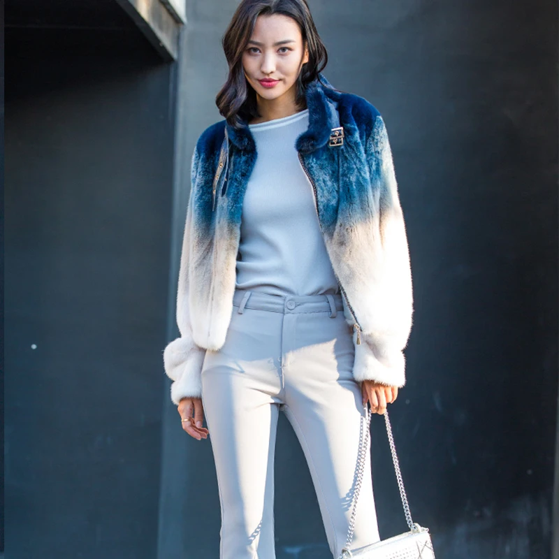 Zipper À Longues Veste Manteaux Court Femmes Lvchi Réel Slim Vison Gradient Mandarin D'hiver Imprimer Fourrure De Col Manches 2019 Clair Manteau 4LA5j3Rq