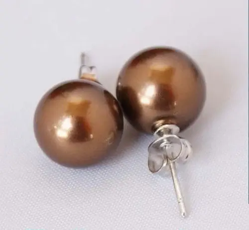 

Wholesale FREE SHIPPING DD pretty 10mm brown shell pearl earring white stud A0422