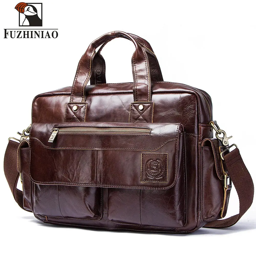 

FUZHINIAO Vintag Genuine Leather Briefcase Men Shoulder Bag Messenger Computer Laptop Travel Handbags High Quality Business Tote