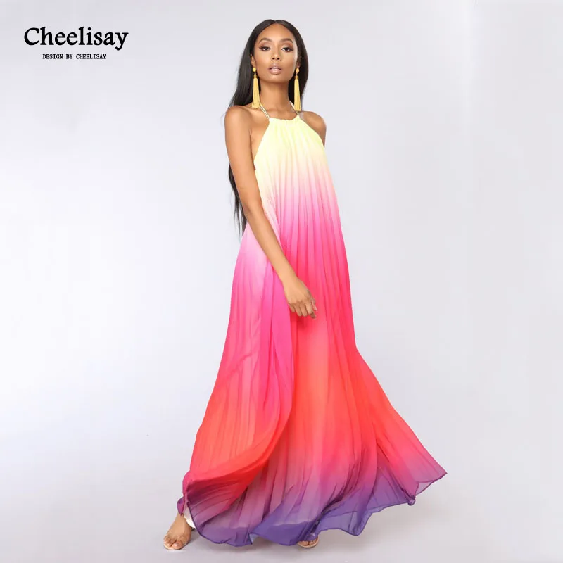 

Sexy Halter Backless Chiffon Dress Women Spaghetti Strap Gradient Color Long Summer Beach Boho Dress Sleeveless Vestidos