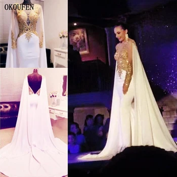 

White Chiffon Prom Dresses 2019 Evening Gowns Long Capelet Backless Gold Appliques Saudi Arabic vestido de fiesta robe de soiree