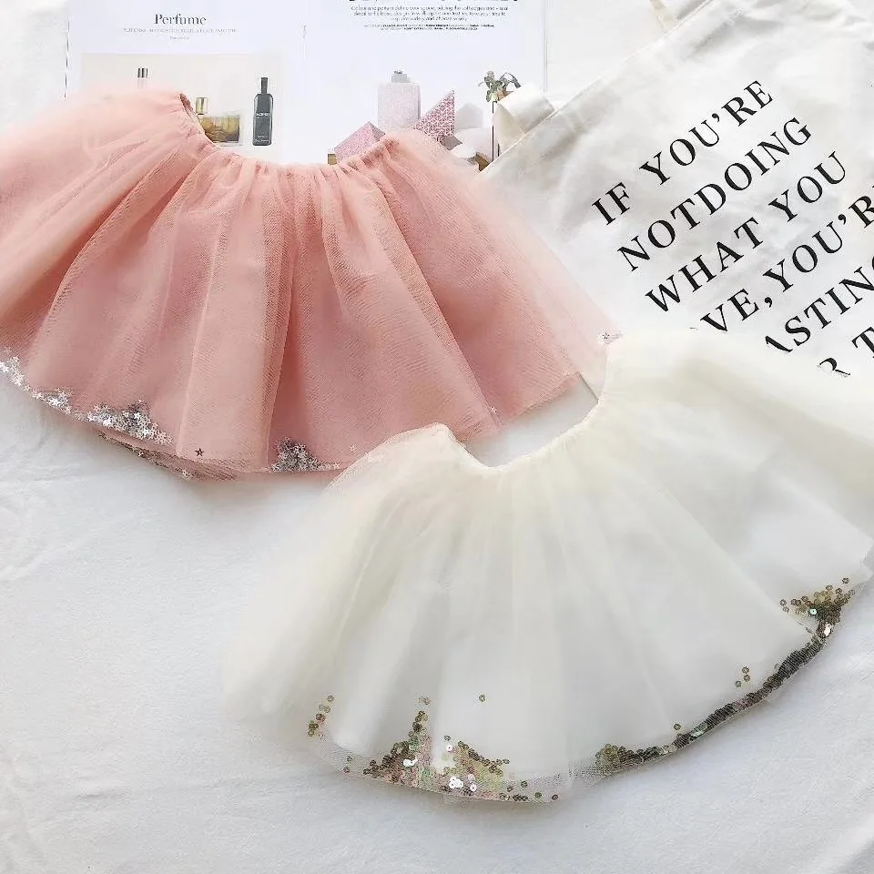 

Pre-sale April 23th Summer Girls Mesh Sequin Tutu Skirt White pink star yarn skirt girls princess skirts Comfortable fabric