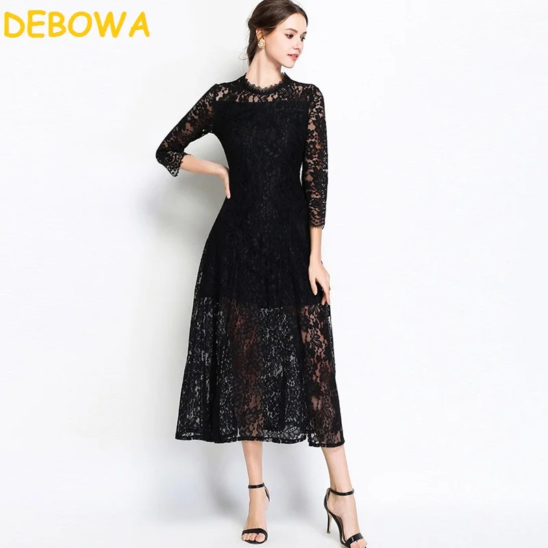 

Debowa Spring Autumn Women Dress Stand Collar Zipper Elegant Women Dress See Through Office Lady Slim Lace Dress