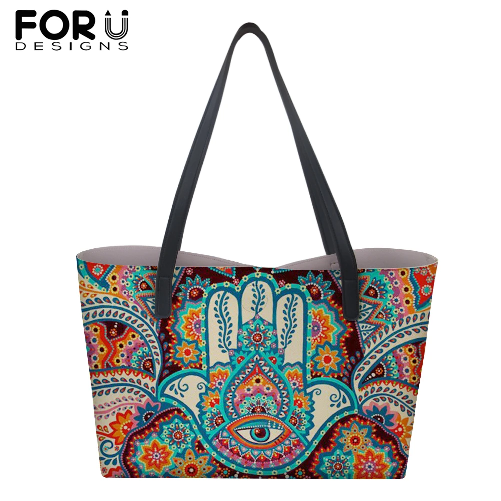 

FORUDESIGNS Ethnic Style Large PU Leather Handbags for Women Girl Fatima Hamsa Hand Print Shoulder Bag Travel Shopping Totes