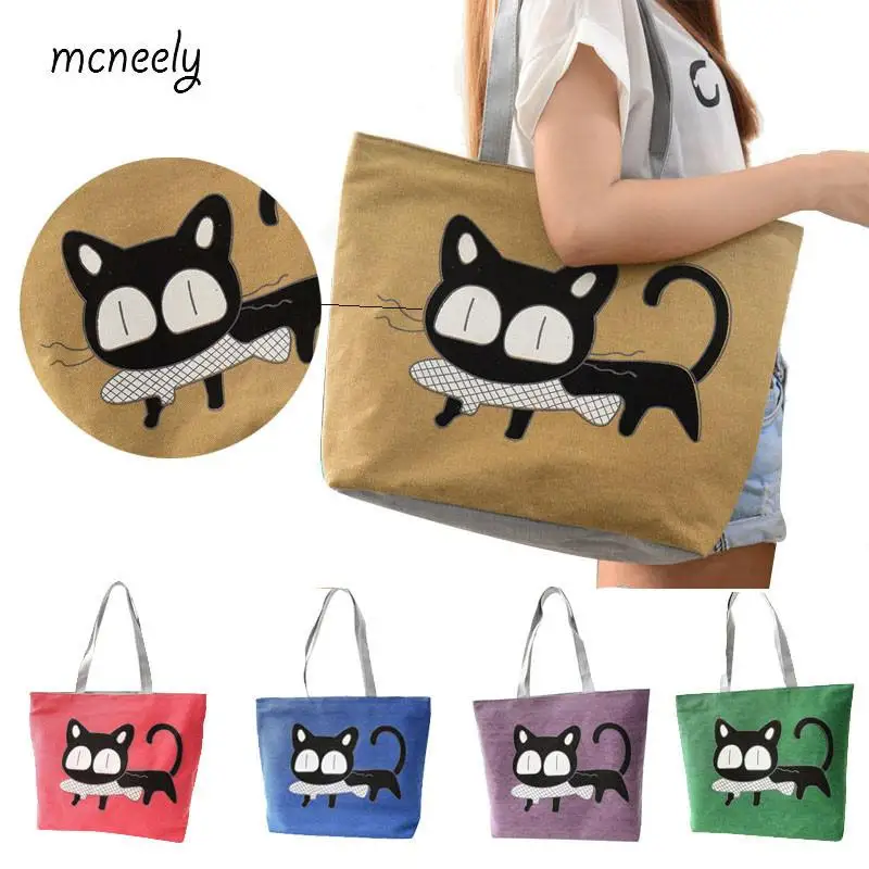 

New Arrival Cat Printing Canvas Shopping Bag Large Capacity Shoulder Bag Hot Sale Woman Messenger Handbag Big Shopping Bag