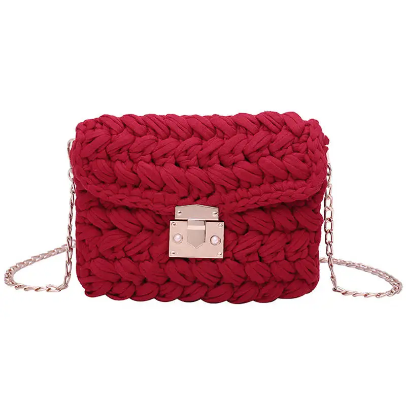 

2019 New Handmade Weaving Crossbody Bag Fashion Soft Shoulder Bags With Chain Solid Color Polyester Clutches Bags Metal Hasp