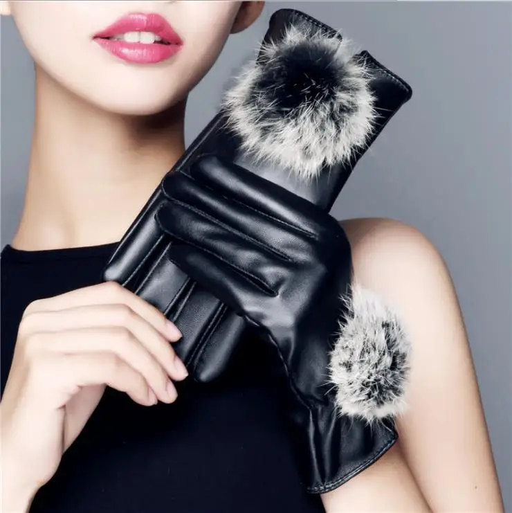 

2019 women's leather gloves red Black Rabbit hair cute gloves autumn and winter fashion female windproof gloves