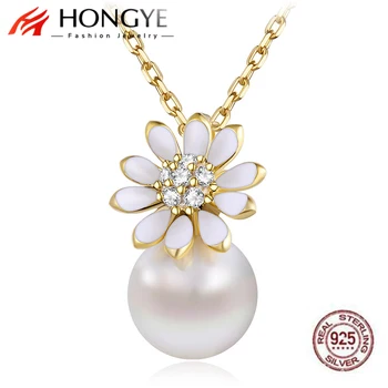 

HONGYE Real 925 Sterling Silver Daisy Zircon Design Neck Chain Stylish White Charm Pearl Pendant Necklace Women Bijoux