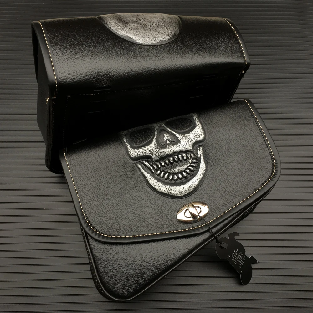 

Black Motorcycle PU Leather Skull Logo Tools Saddlebag Luggage Saddle Bag For Harley Sportster XL883 1200 Honda Suzuki