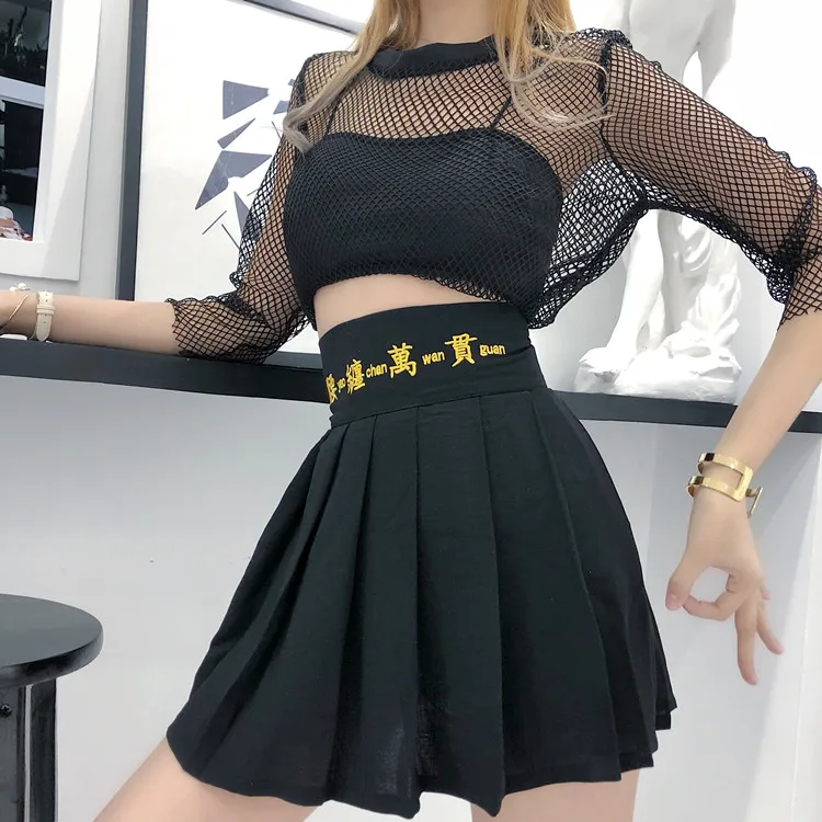 Harajuku Pleated Skirts For Women Elastic Waist Chinese Characters Embroidery Mini Skirt Summer