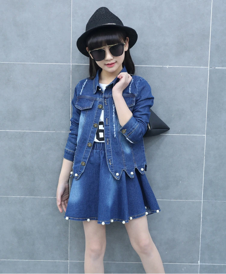 

children girls clothes size 3 to size 12 princess pearl outfit denim jacket + mini skirt kids girls autumn clothes set
