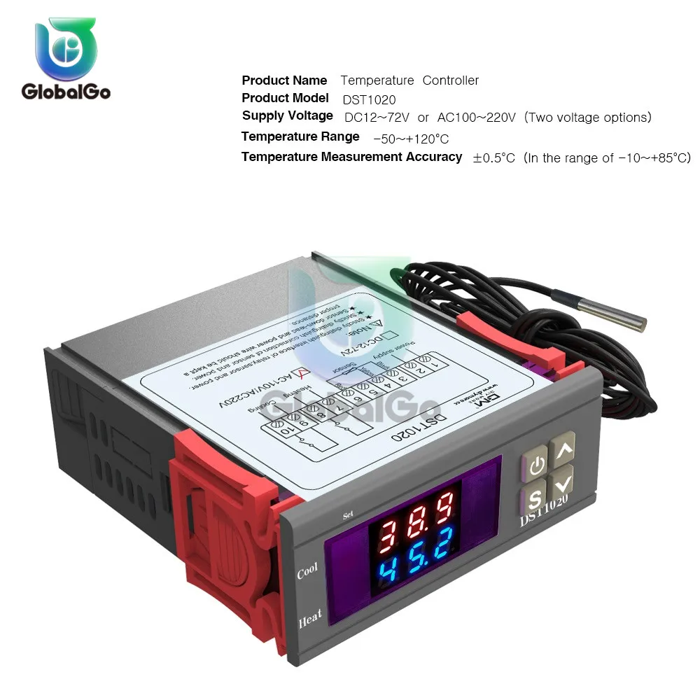 

DST1020 Dual Display Thermostat Temperature Controller Regulator For Freezer Waterproof Probe DC 12V-72V AC110-230V -50~ + 120°C