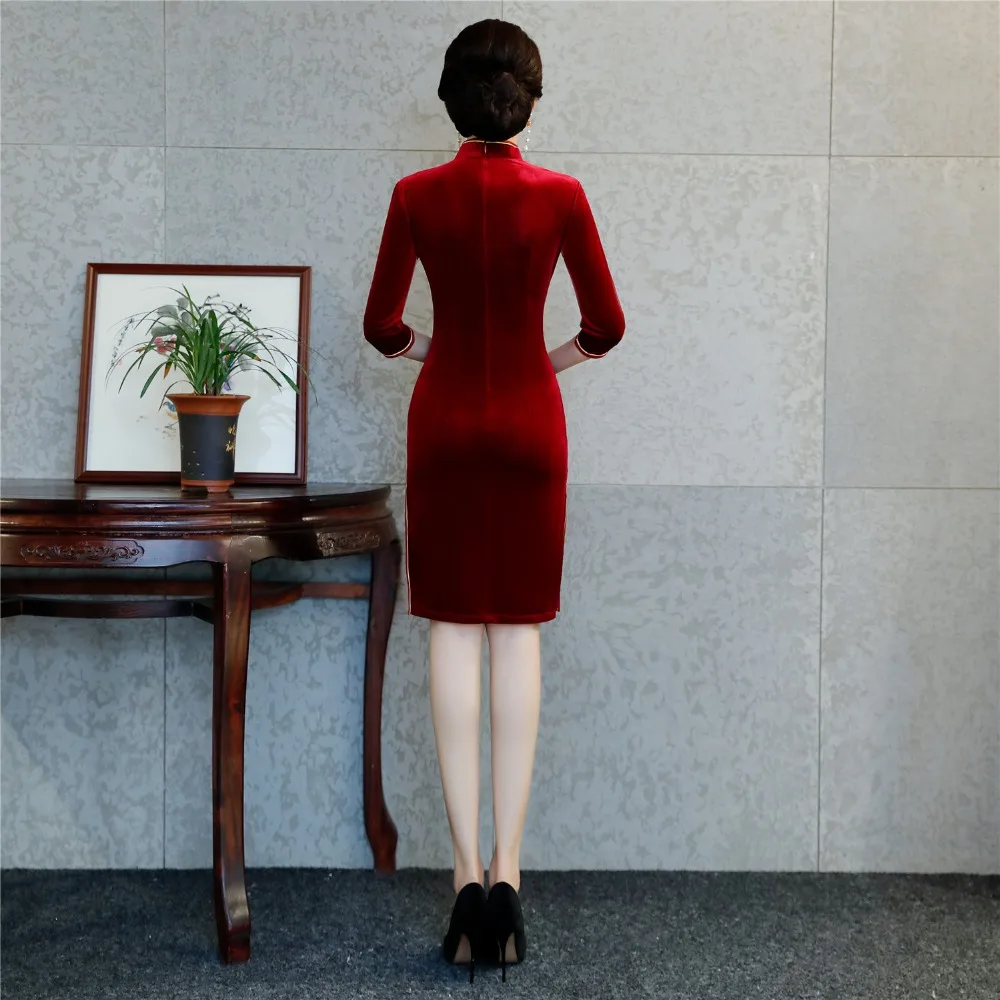 Шанхай история с рукавами 3/4 по колено Cheongsam бархат Qipao народная Стиль платье