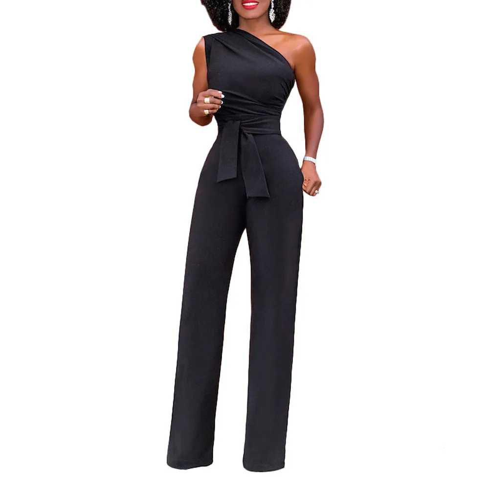 

5color Women Jumpsuits Romper Overall Sexy One Shoulder Bodycon tunic Jumpsuit for party elegant Wide Leg Pant With Belted YF864