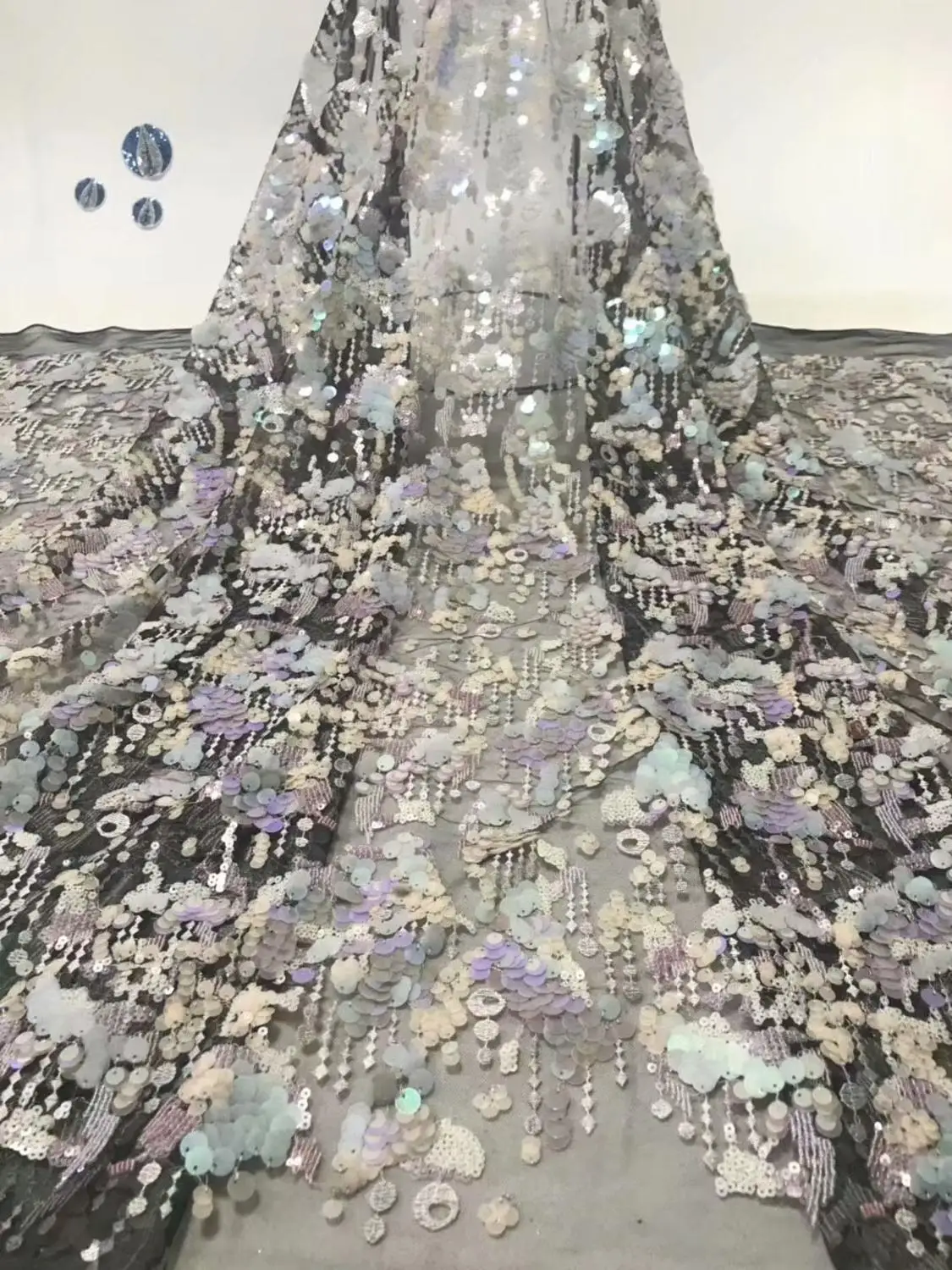 

New African Lace Fabric, French Sequins Net Lace Noble Gold Sequins Fabrics High Quality African Black Tulle Sequins Lace Fabric