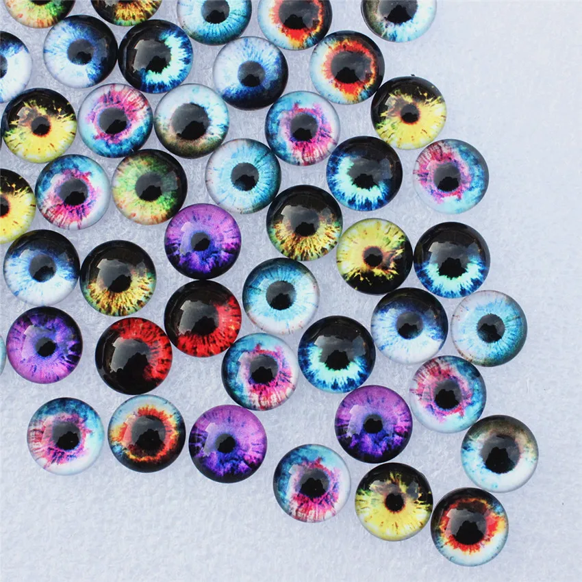 10mm Round Mixed Random Dragon Eyes In Pairs Pattern Glass Cabochon Flatback Photo Cabochons Base Accessories 50pcs/lot