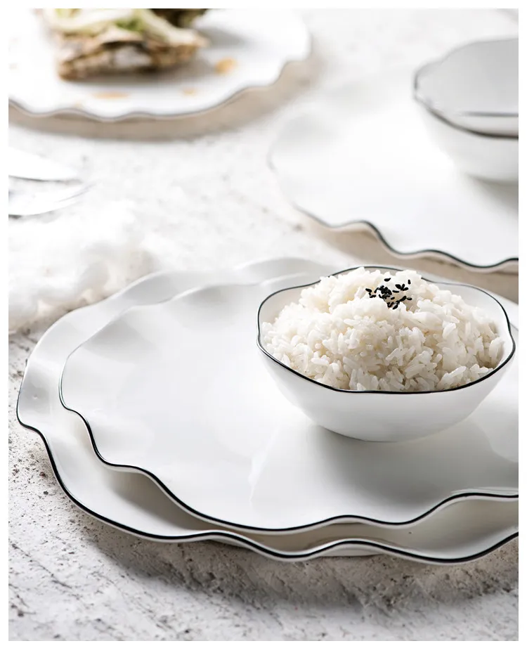 Серия Black line-белая керамическая посуда, простая Квадратная тарелка, креативное круглое кружевное блюдо, фруктовая Салатница, соус, миски для риса