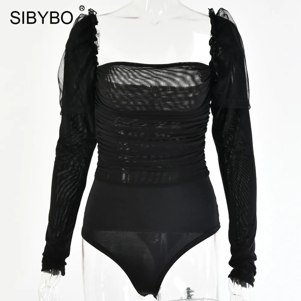Женское Сетчатое боди Sibybo прозрачное обтягивающее с длинным рукавом и