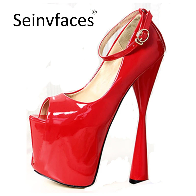 

Women's sexy elegant patent leather red black peep toe ankle strap on the platform 19 cm extreme strangle high heels pumps F18