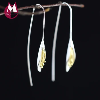 

100% 925 Sterling Silver Drop Earrings For Women Fine Jewelry Thailand Chiang Mai Handmade Flower Earring Long Ear Chain SE22