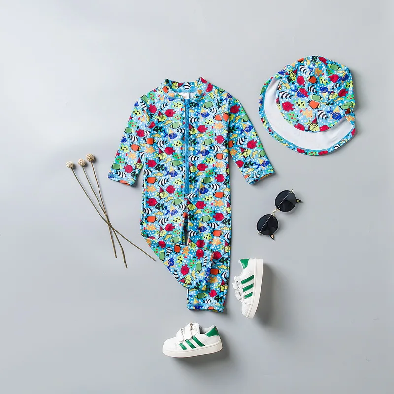 Meninos do Bebê Roupa de Banho Pedaço de Impressão de Peixe Longa com Zíper da Criança Fatos de Banho com Aba Touca de Natação Protetor Manga Menino Maiô um Sol 5 Mamãe e Bebê