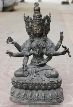 

S06713 16" Tibet Bronze Copper 3 Head 8 Arms Ushnishavijaya Namgyalma Buddha Set Statue