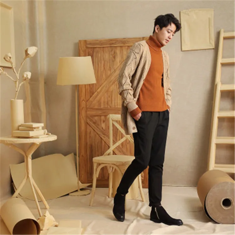  100%hand made pure wool Vneck knit men fashion solid hollow out slim single breasted cardigan sweat