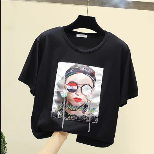 

Short Sleeve T - Shirt Women 2018 Summer New Fashion Heavy Beaded Sequins Three-dimensional Flower Alphabet Printing Tee Tops