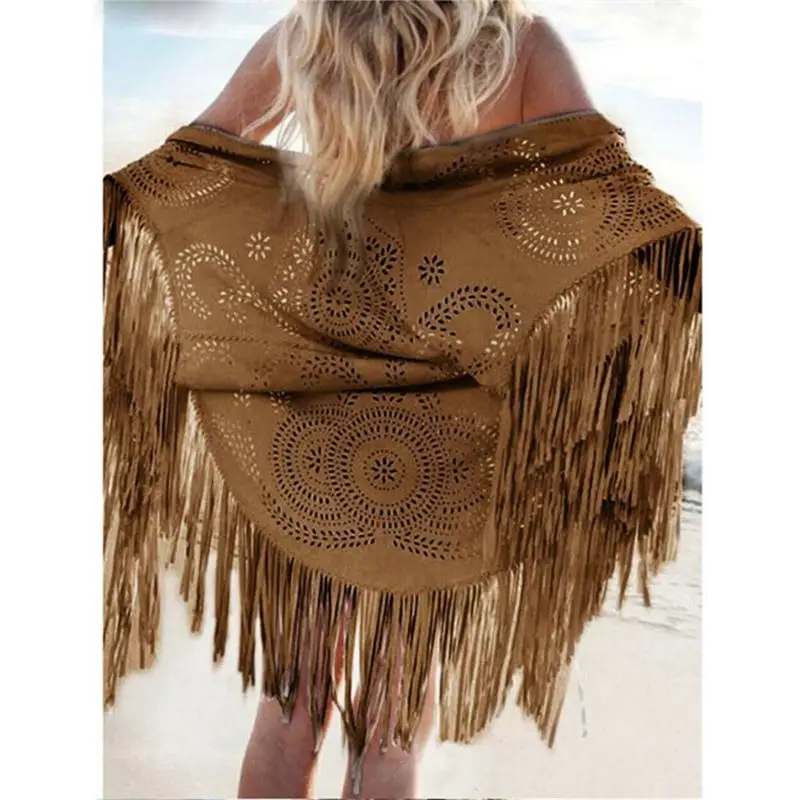 

Women Casual Tippet Faux Suede Leather Cut Out Summer Beach Cover Up Kimono Long Fringes Tassels Thin Coat Cardigan Jacket C146